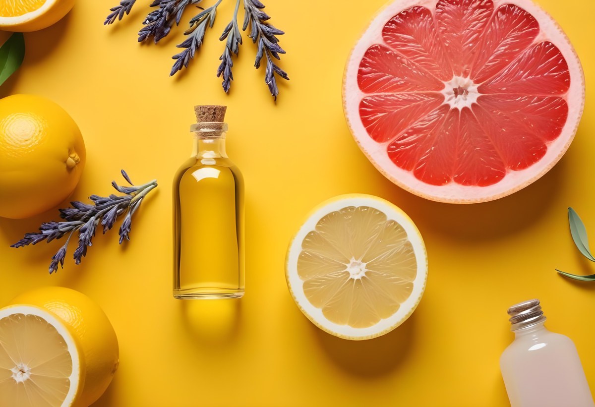 Minimal Soft Studio Light Photography Citrus Fruits Including Grapefruit Lemon And Orange Slices Along With A Bottle Of Essential Oil Or Oil And Sprigs Of Lavender On A Bright Yellow Background High Detai 7 Cf92