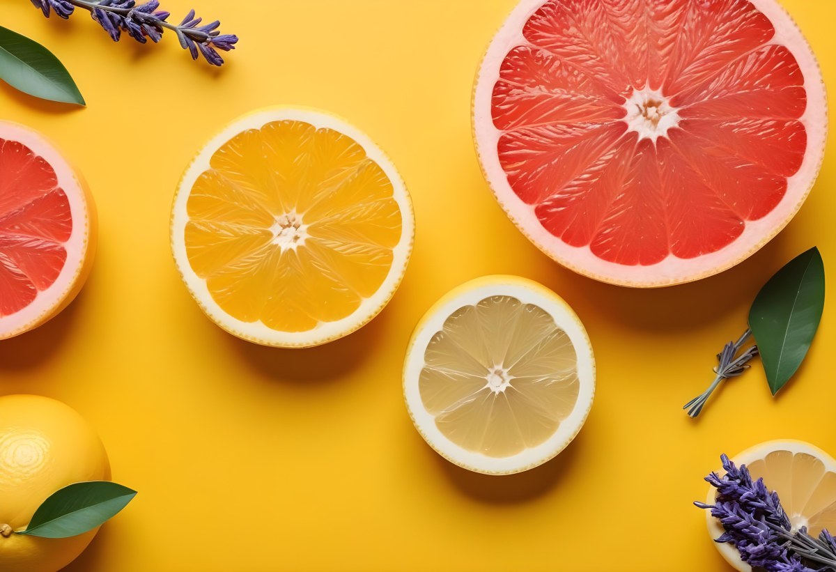 Minimal Soft Studio Light Photography Citrus Fruits Including Grapefruit Lemon And Orange Slices Along With A Bottle Of Essential Oil Or Oil And Sprigs Of Lavender On A Bright Yellow Background High Detai 9 1f01