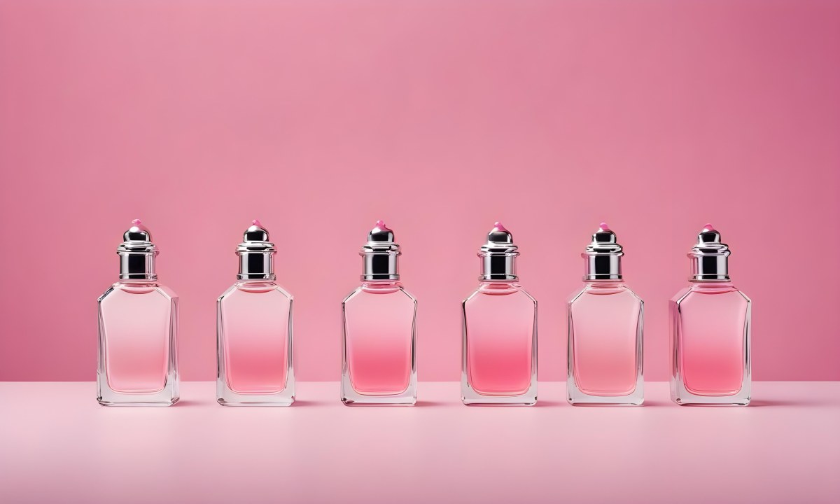 Minimal Soft Studio Light Photography Four Silver Perfume Bottles With Pink Caps Different Shapes And Sizes Arranged In A Row Clean And Minimalist Design Pink Background Elegant And Modern High Detail Solid Bold 21 D92f