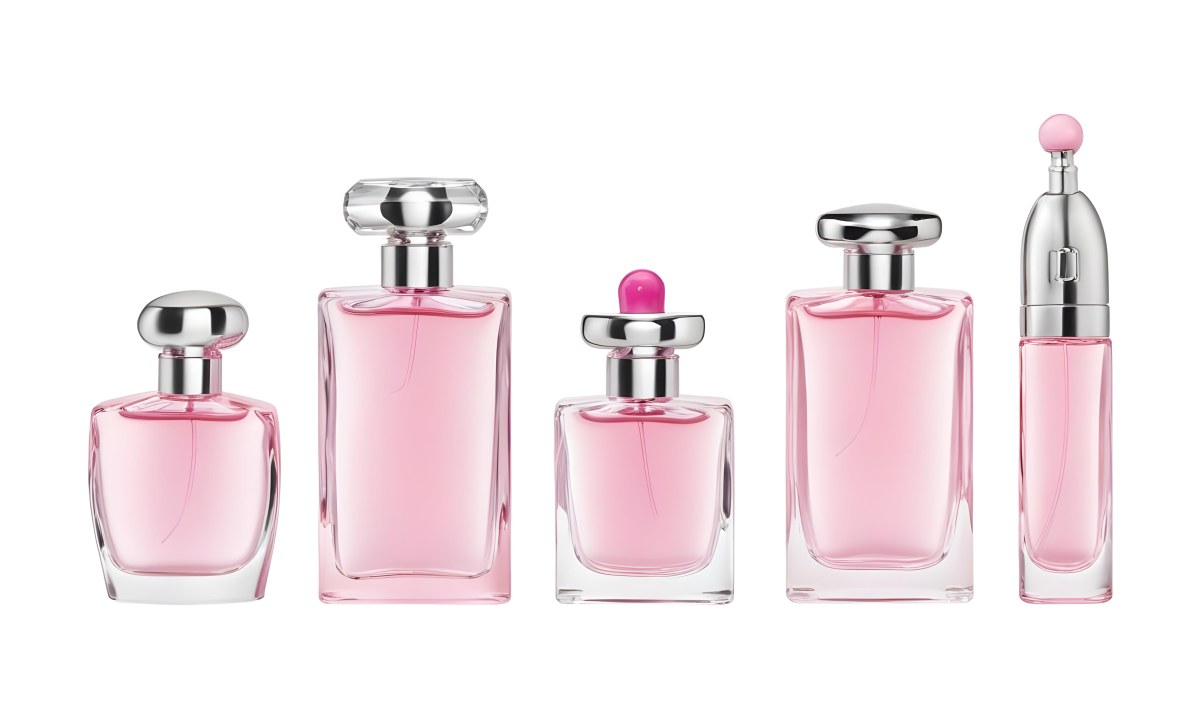 Minimal Soft Studio Light Photography Four Silver Perfume Bottles With Pink Caps Different Shapes And Sizes Arranged In A Row Clean And Minimalist Design Pink Background Elegant And Modern High Detail Solid Bold 25 Be79
