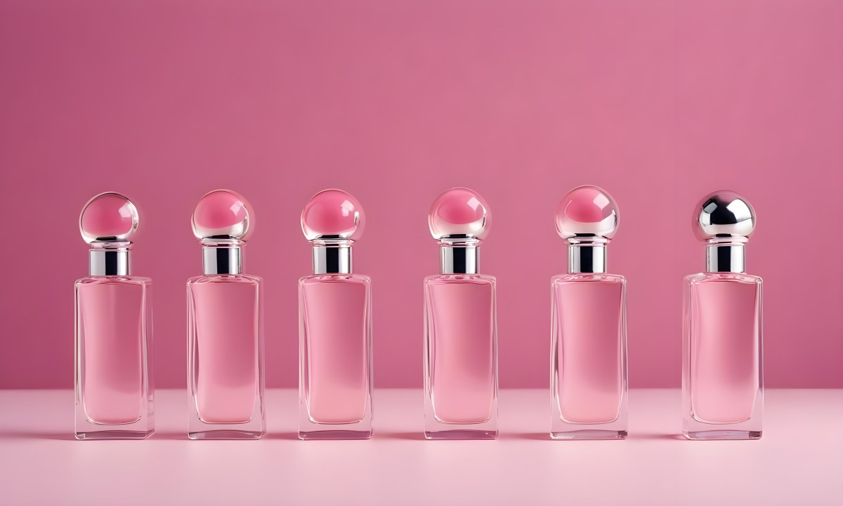 Minimal Soft Studio Light Photography Four Silver Perfume Bottles With Pink Caps Different Shapes And Sizes Arranged In A Row Clean And Minimalist Design Pink Background Elegant And Modern High Detail Solid Bold 31 C16f