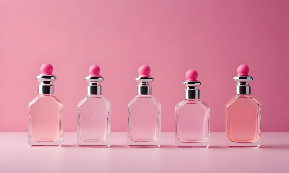 Minimal Soft Studio Light Photography Four Silver Perfume Bottles With Pink Caps Different Shapes And Sizes Arranged In A Row Clean And Minimalist Design Pink Background Elegant And Modern High Detail Solid Bold 4 Edce