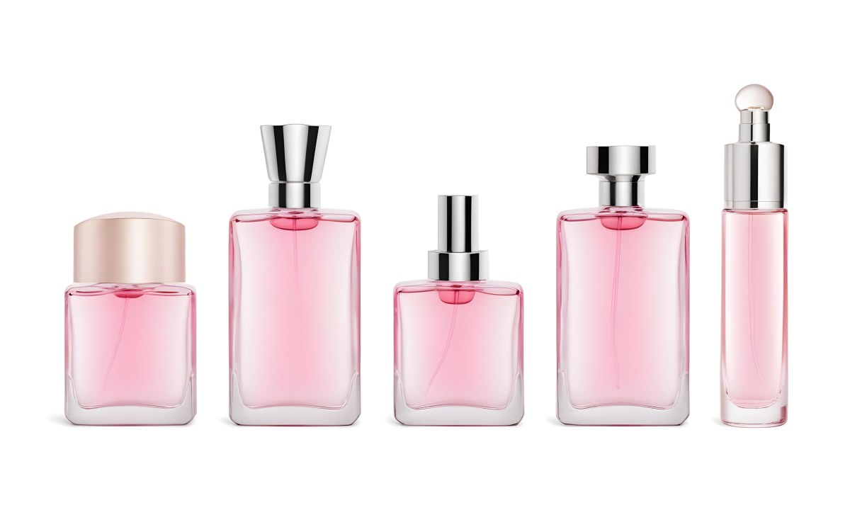 Minimal Soft Studio Light Photography Four Silver Perfume Bottles With Pink Caps Different Shapes And Sizes Arranged In A Row Clean And Minimalist Design Pink Background Elegant And Modern High Detail Solid Bold 5 Fbe0