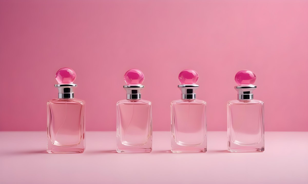 Minimal Soft Studio Light Photography Four Silver Perfume Bottles With Pink Caps Different Shapes And Sizes Arranged In A Row Clean And Minimalist Design Pink Background Elegant And Modern High Detail Solid Bold 50 433e