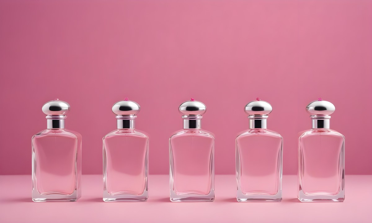 Minimal Soft Studio Light Photography Four Silver Perfume Bottles With Pink Caps Different Shapes And Sizes Arranged In A Row Clean And Minimalist Design Pink Background Elegant And Modern High Detail Solid Bold 53 C8a8