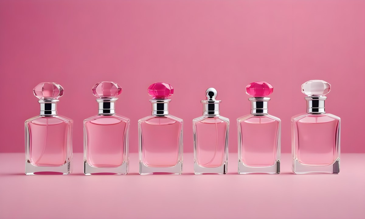 Minimal Soft Studio Light Photography Four Silver Perfume Bottles With Pink Caps Different Shapes And Sizes Arranged In A Row Clean And Minimalist Design Pink Background Elegant And Modern High Detail Solid Bold 55 E9ab