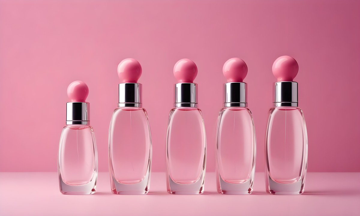 Minimal Soft Studio Light Photography Four Silver Perfume Bottles With Pink Caps Different Shapes And Sizes Arranged In A Row Clean And Minimalist Design Pink Background Elegant And Modern High Detail Solid Bold 57 C1f7