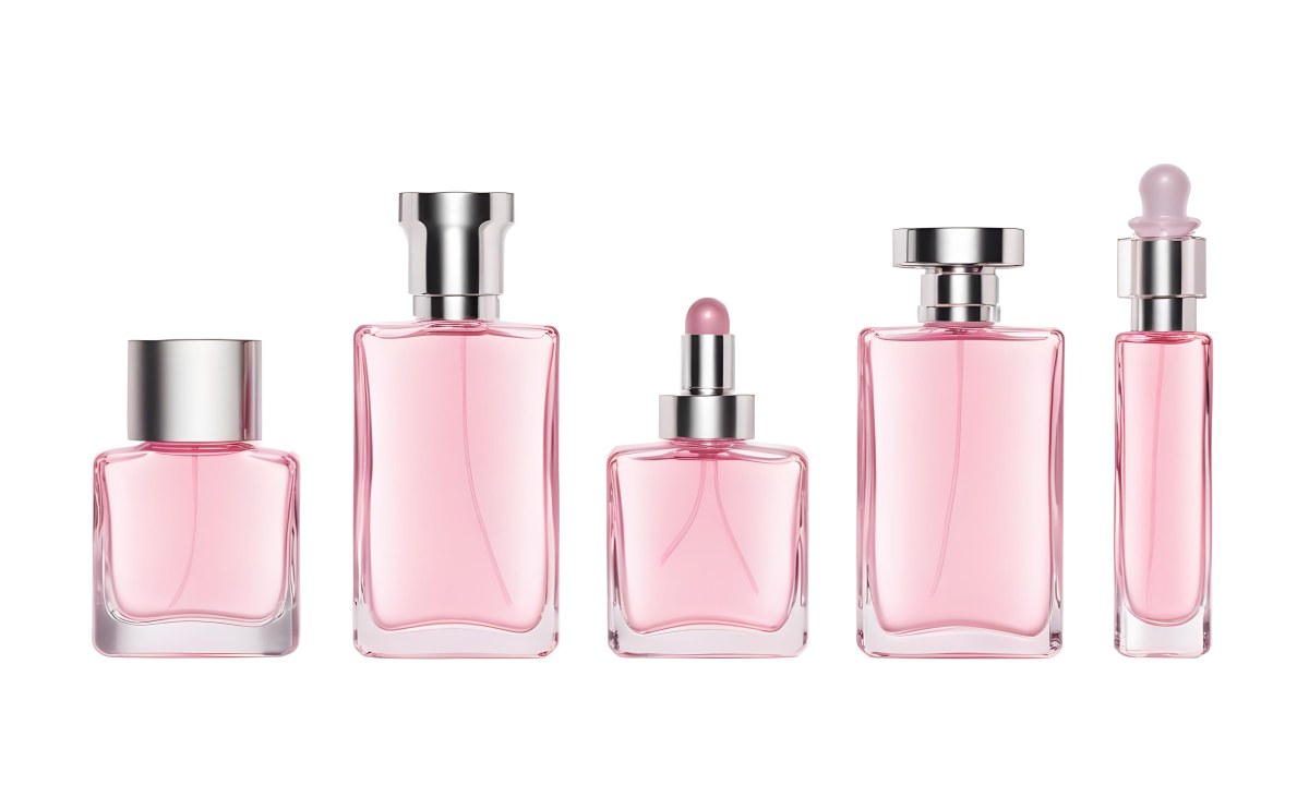 Minimal Soft Studio Light Photography Four Silver Perfume Bottles With Pink Caps Different Shapes And Sizes Arranged In A Row Clean And Minimalist Design Pink Background Elegant And Modern High Detail Solid Bold 6 F0ed