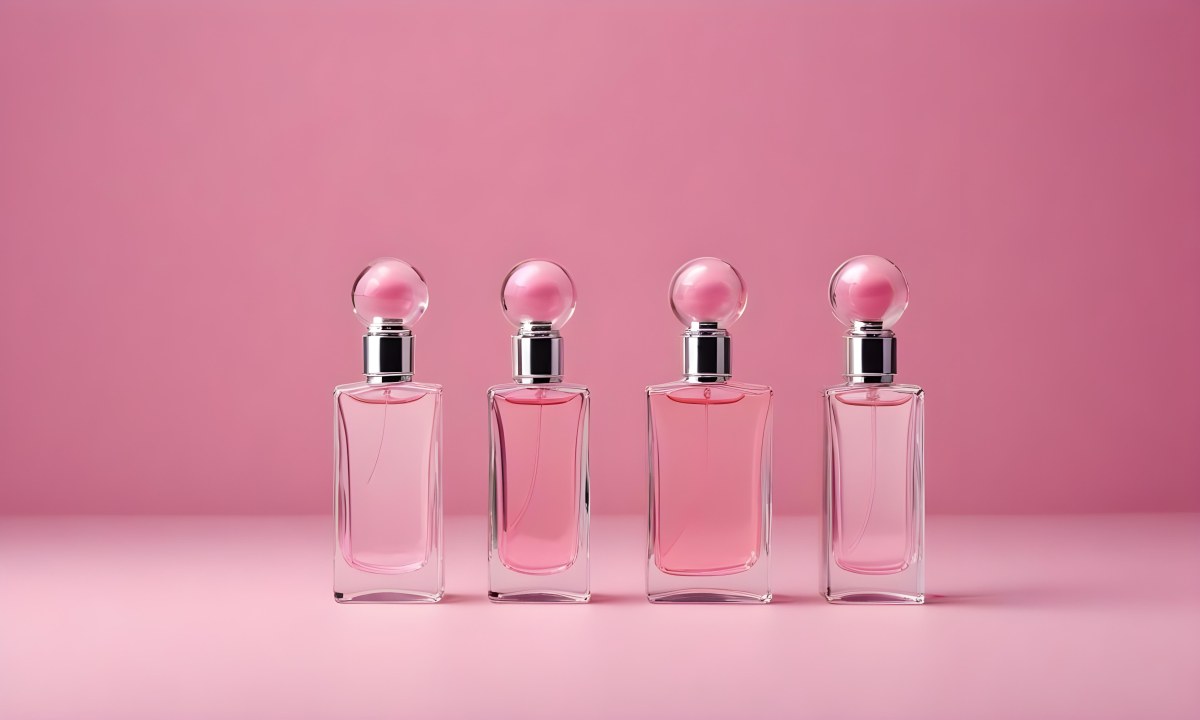 Minimal Soft Studio Light Photography Four Silver Perfume Bottles With Pink Caps Different Shapes And Sizes Arranged In A Row Clean And Minimalist Design Pink Background Elegant And Modern High Detail Solid Bold 8 A51d