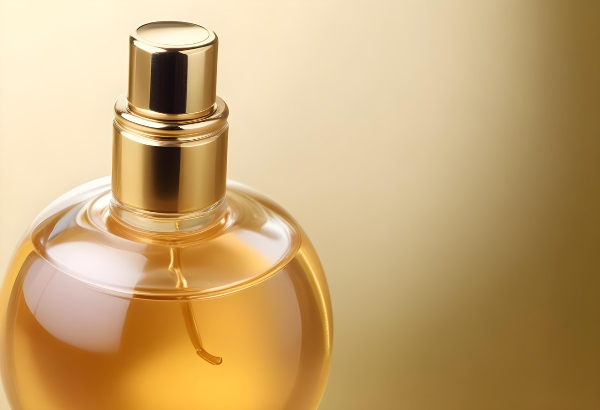 Minimal Soft Studio Light Photography Perfume Bottle With Golden Cap And Yellow Liquid Inside On A Golden Background High Detail Solid Bold Color Background 7 66de