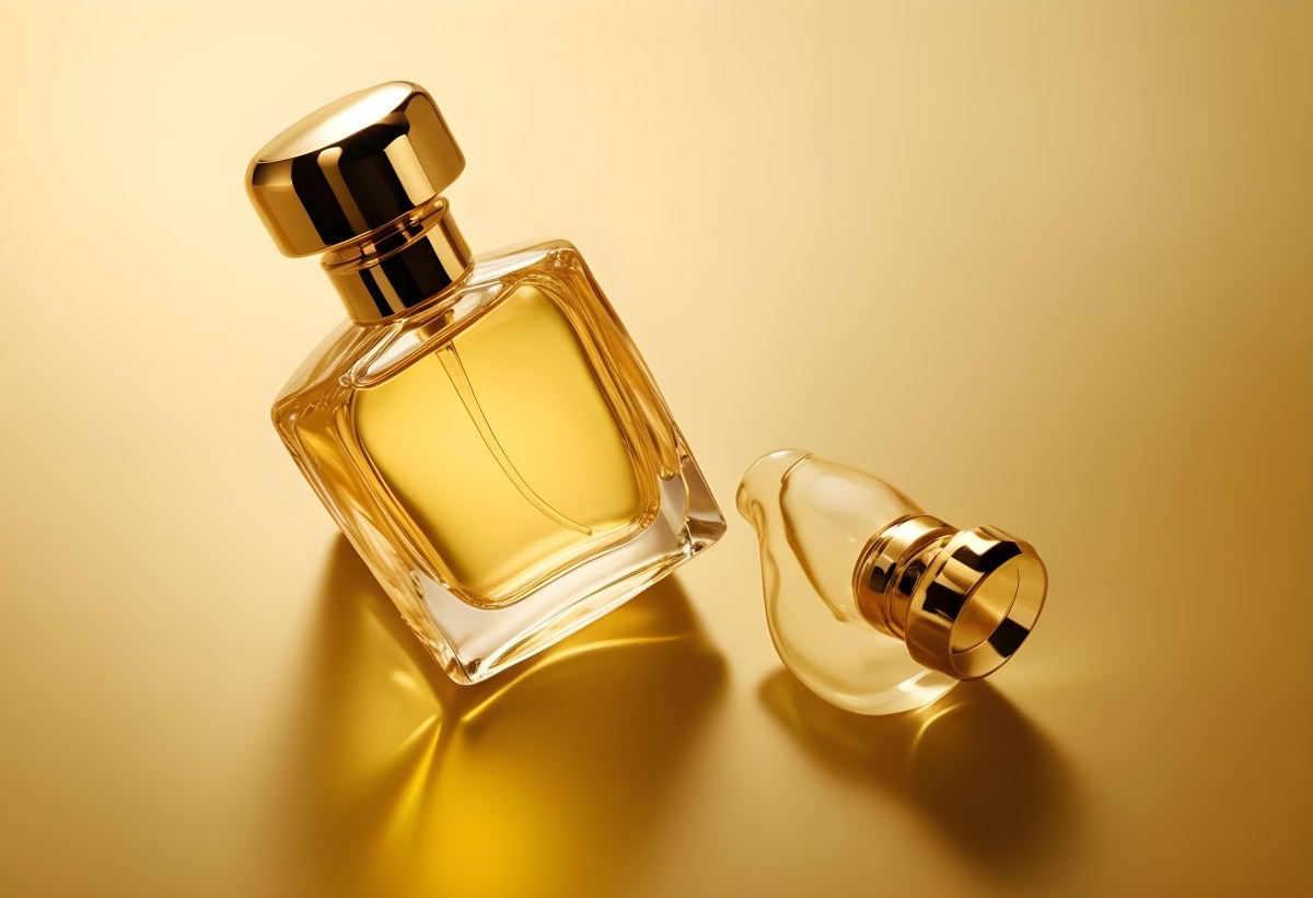 Minimal Soft Studio Light Photography Perfume Bottle With Golden Cap And Yellow Liquid Inside On A Golden Background High Detail Solid Bold Color Background 8 84e1