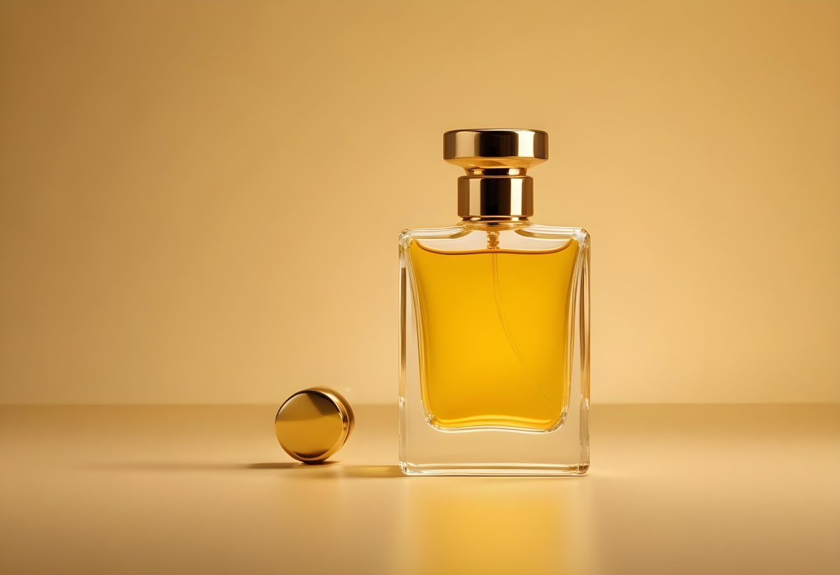 Minimal Soft Studio Light Photography Perfume Bottle With Golden Cap And Yellow Liquid Inside On A Golden Background High Detail Solid Bold Color Background 9 A69d