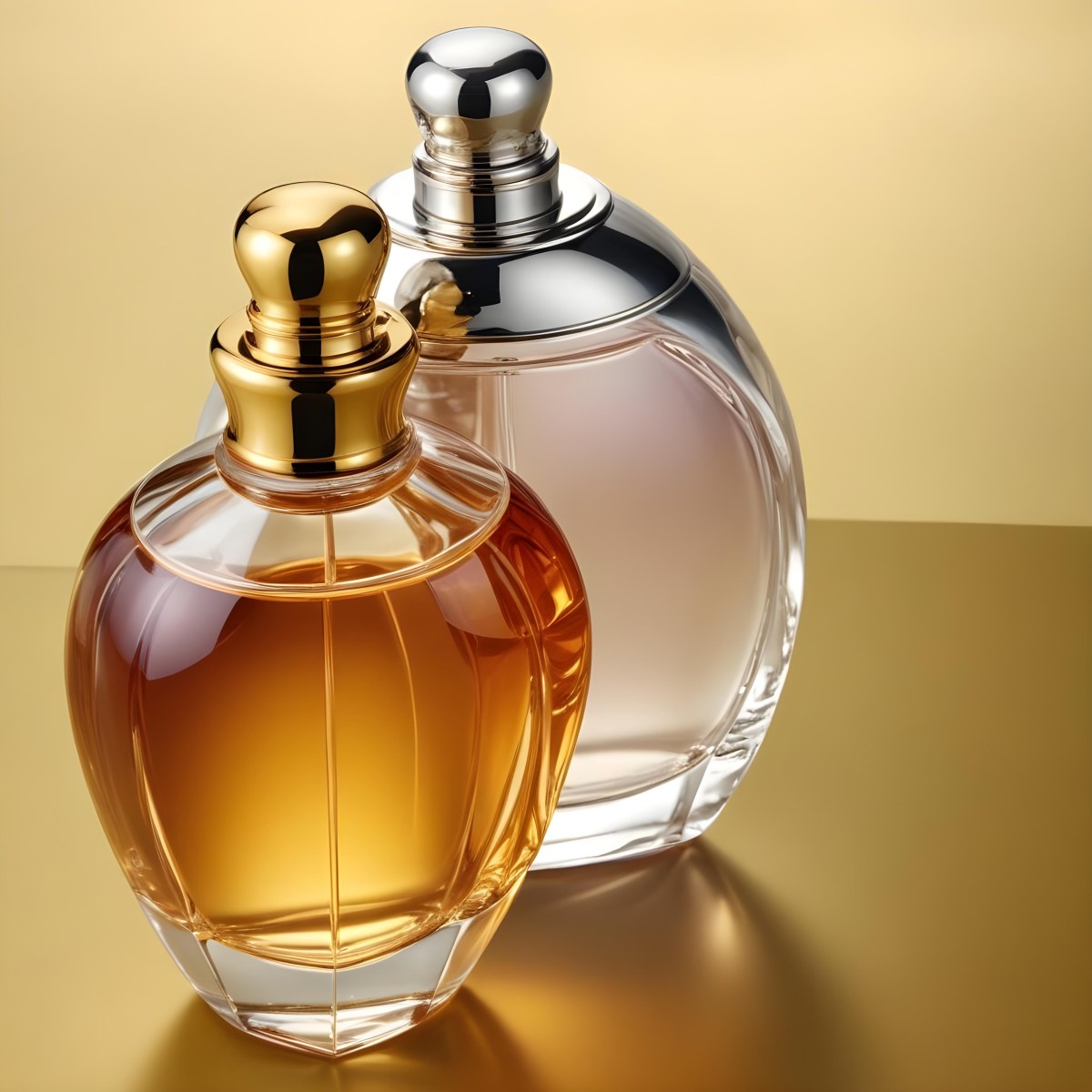 Minimal Soft Studio Light Photography Two Perfume Bottles One With A Golden Cap And The Other With A Silver Cap On A Silver Background High Detail Solid Bold Color Background 28 Fee1