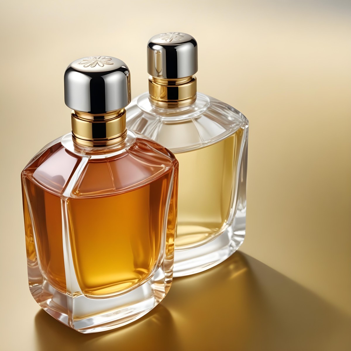 Minimal Soft Studio Light Photography Two Perfume Bottles One With A Golden Cap And The Other With A Silver Cap On A Silver Background High Detail Solid Bold Color Background 30 C21d