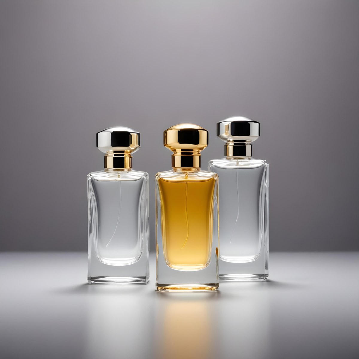 Minimal Soft Studio Light Photography Two Perfume Bottles One With A Golden Cap And The Other With A Silver Cap On A Silver Background High Detail Solid Bold Color Background 31 13fb