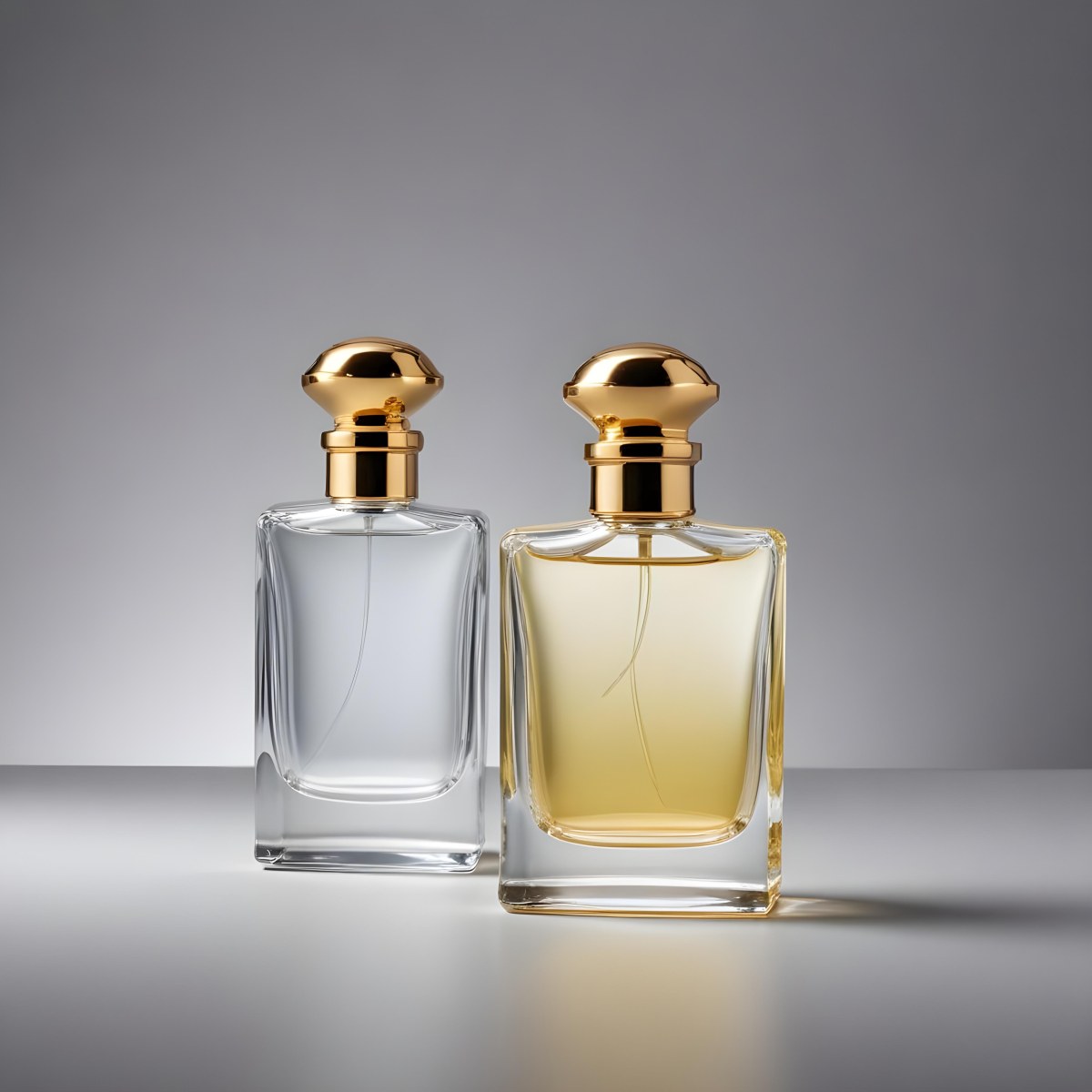 Minimal Soft Studio Light Photography Two Perfume Bottles One With A Golden Cap And The Other With A Silver Cap On A Silver Background High Detail Solid Bold Color Background 38 B44e