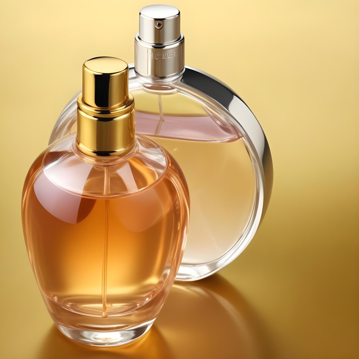Minimal Soft Studio Light Photography Two Perfume Bottles One With A Golden Cap And The Other With A Silver Cap On A Silver Background High Detail Solid Bold Color Background 48 98ba
