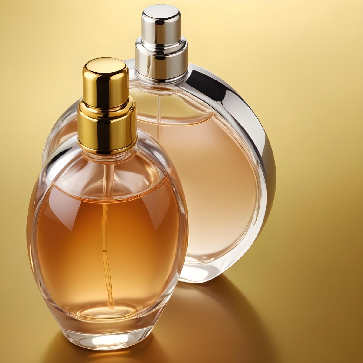 Minimal Soft Studio Light Photography Two Perfume Bottles One With A Golden Cap And The Other With A Silver Cap On A Silver Background High Detail Solid Bold Color Background 50 Ef24