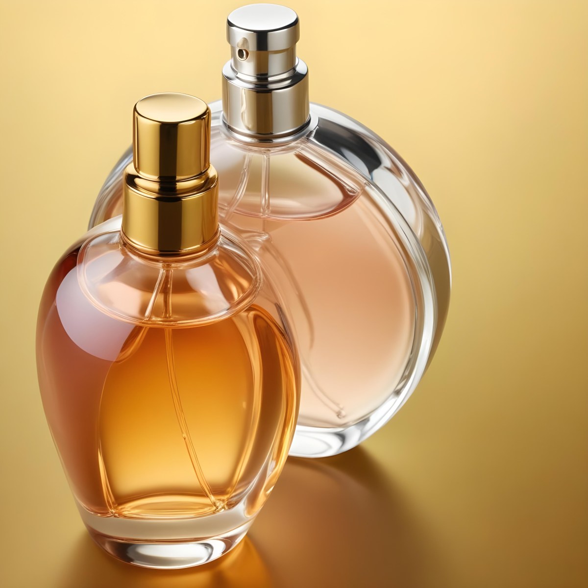 Minimal Soft Studio Light Photography Two Perfume Bottles One With A Golden Cap And The Other With A Silver Cap On A Silver Background High Detail Solid Bold Color Background 61 14ff