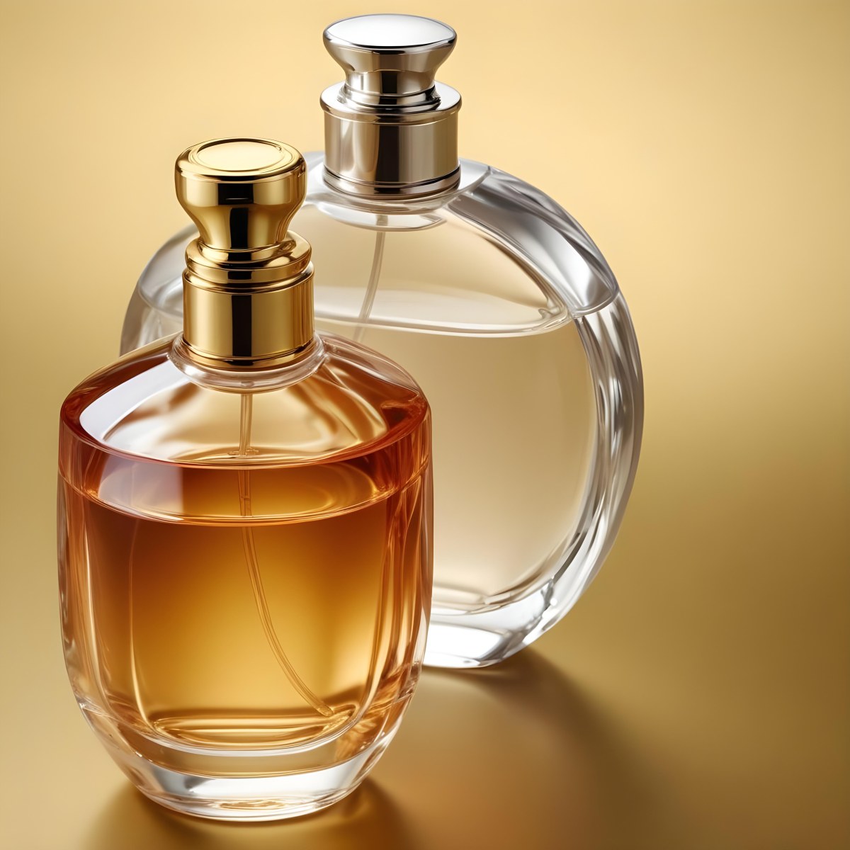 Minimal Soft Studio Light Photography Two Perfume Bottles One With A Golden Cap And The Other With A Silver Cap On A Silver Background High Detail Solid Bold Color Background 70 2a10