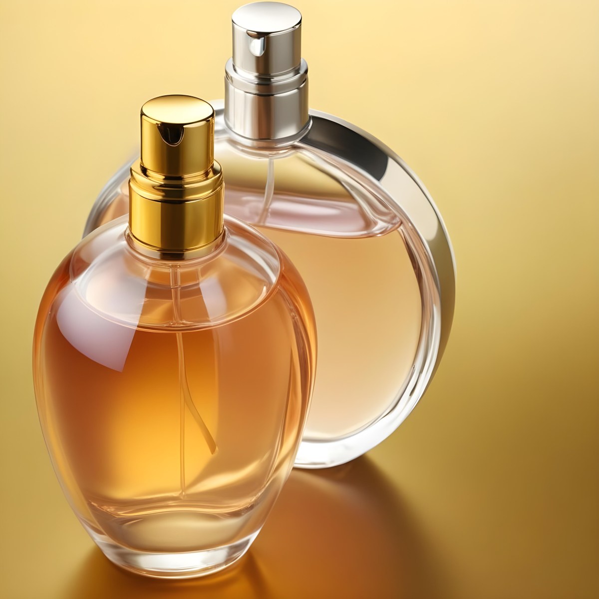 Minimal Soft Studio Light Photography Two Perfume Bottles One With A Golden Cap And The Other With A Silver Cap On A Silver Background High Detail Solid Bold Color Background 71 Bc04