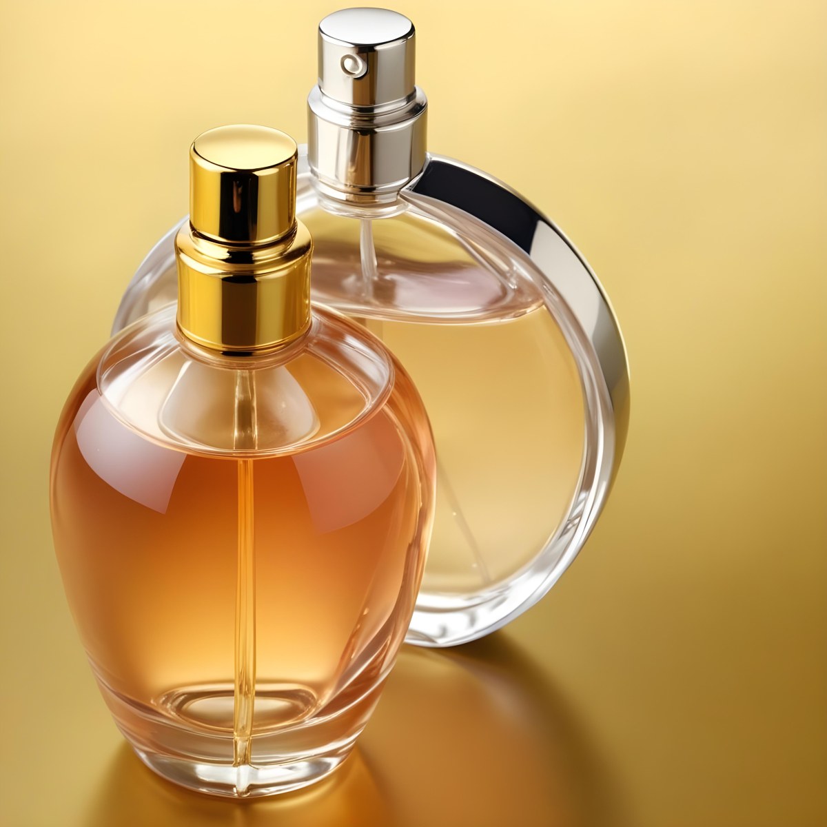 Minimal Soft Studio Light Photography Two Perfume Bottles One With A Golden Cap And The Other With A Silver Cap On A Silver Background High Detail Solid Bold Color Background 72 Fe3c