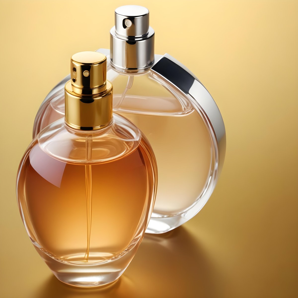 Minimal Soft Studio Light Photography Two Perfume Bottles One With A Golden Cap And The Other With A Silver Cap On A Silver Background High Detail Solid Bold Color Background 73 D6e9