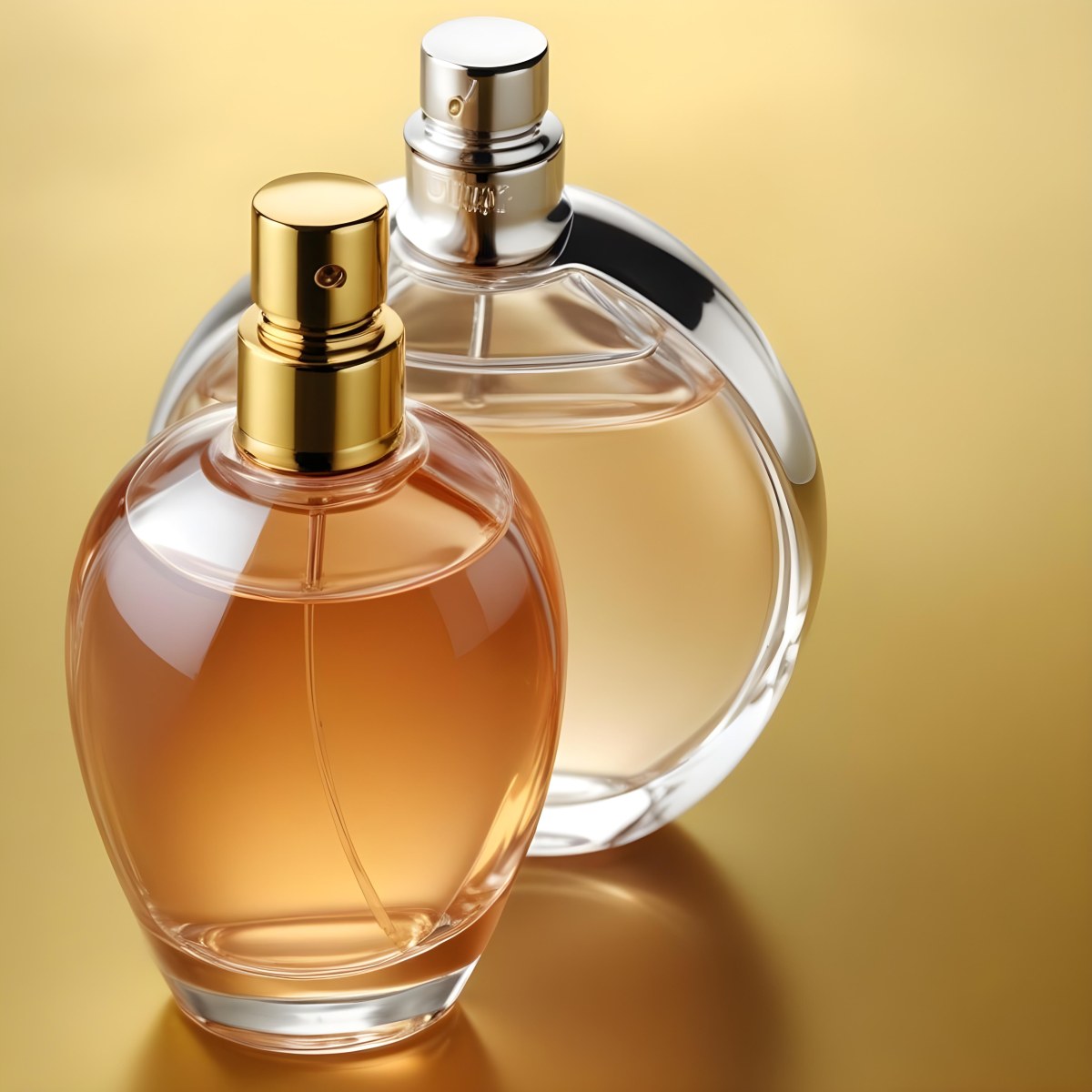 Minimal Soft Studio Light Photography Two Perfume Bottles One With A Golden Cap And The Other With A Silver Cap On A Silver Background High Detail Solid Bold Color Background 74 5ef3
