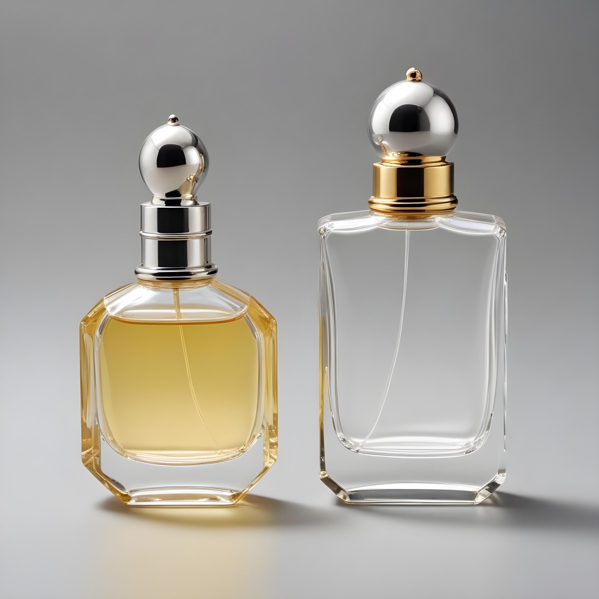 Minimal Soft Studio Light Photography Two Perfume Bottles One With A Golden Cap And The Other With A Silver Cap On A Silver Background High Detail Solid Bold Color Background 78 3442