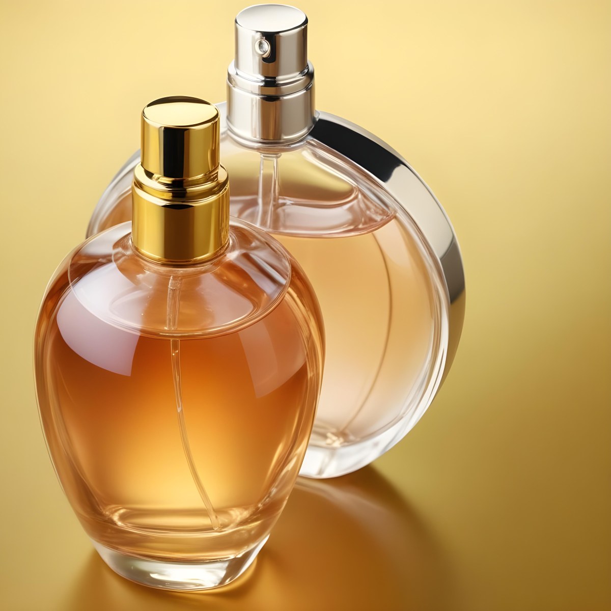 Minimal Soft Studio Light Photography Two Perfume Bottles One With A Golden Cap And The Other With A Silver Cap On A Silver Background High Detail Solid Bold Color Background 79 29d3