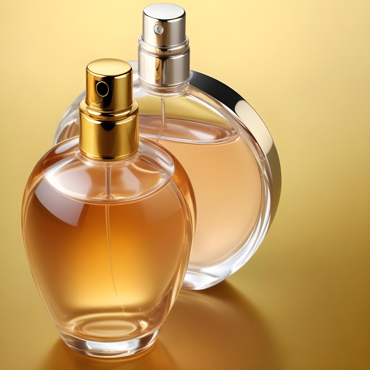Minimal Soft Studio Light Photography Two Perfume Bottles One With A Golden Cap And The Other With A Silver Cap On A Silver Background High Detail Solid Bold Color Background 8 8a3d
