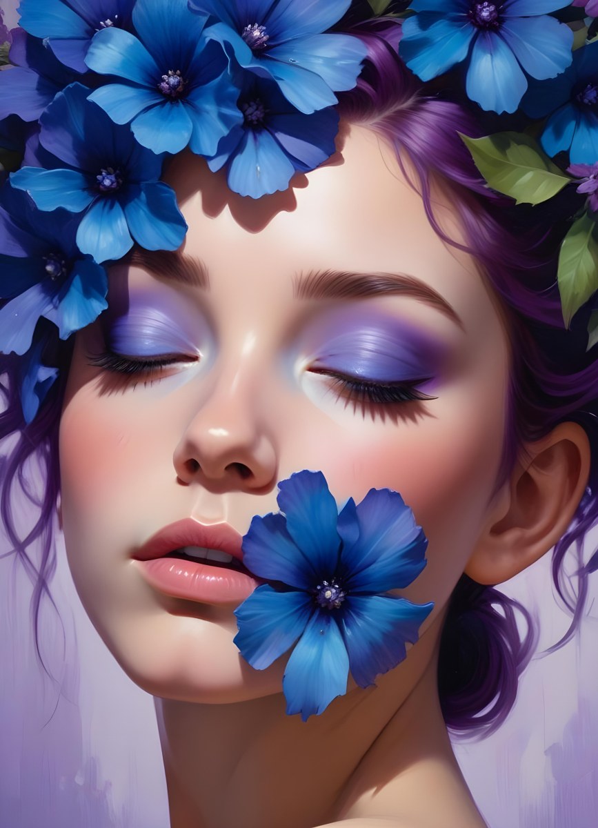 Minimal Soft Studio Light Photography Young Woman With Fair Skin And Purple Hair Wearing Vibrant Blue Eyeshadow And Purple Accents She Has Her Eyes Closed And A Large Blue Flower Partially Covering Her Face Surrounded 15 F1bd