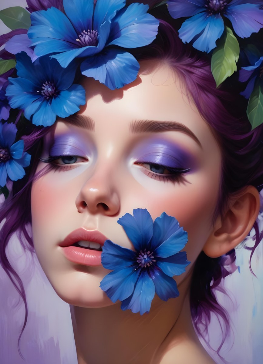 Minimal Soft Studio Light Photography Young Woman With Fair Skin And Purple Hair Wearing Vibrant Blue Eyeshadow And Purple Accents She Has Her Eyes Closed And A Large Blue Flower Partially Covering Her Face Surrounded 20 Da3f