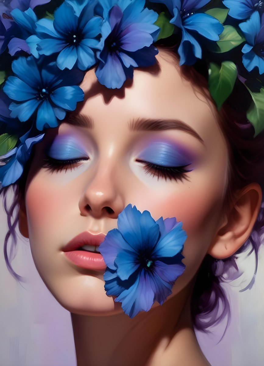 Minimal Soft Studio Light Photography Young Woman With Fair Skin And Purple Hair Wearing Vibrant Blue Eyeshadow And Purple Accents She Has Her Eyes Closed And A Large Blue Flower Partially Covering Her Face Surrounded 23 3a44