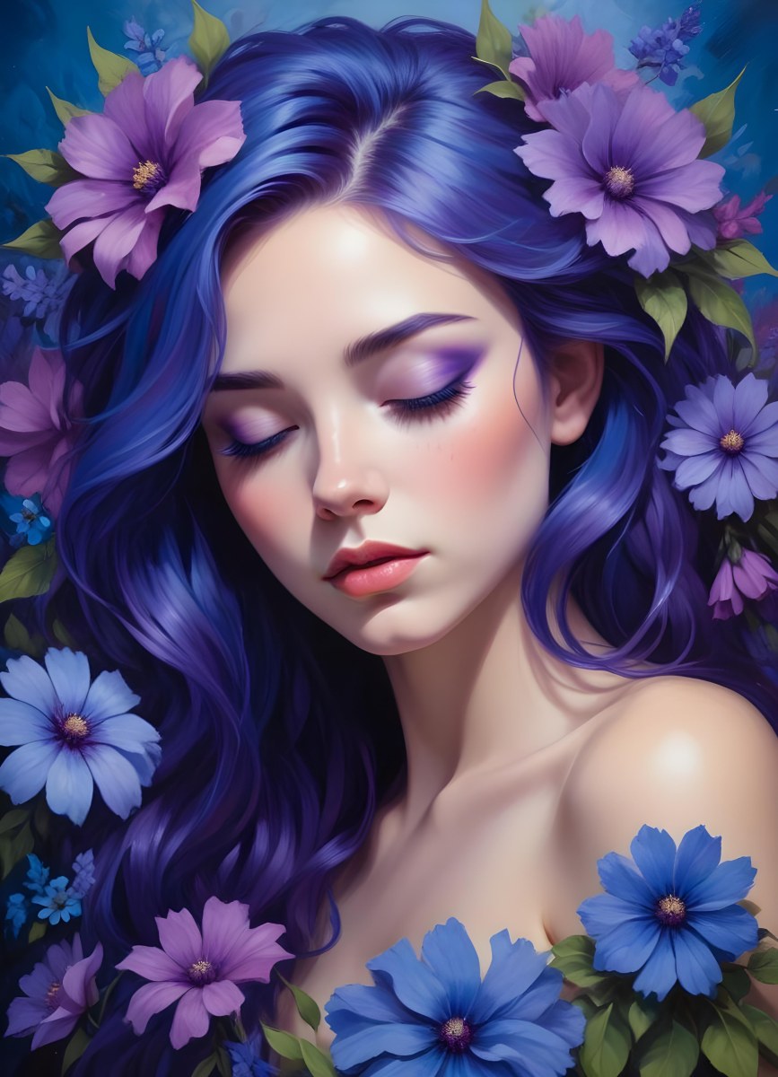 Minimal Soft Studio Light Photography Young Woman With Fair Skin And Purple Hair Wearing Vibrant Blue Eyeshadow And Purple Accents She Has Her Eyes Closed And A Large Blue Flower Partially Covering Her Face Surrounded 3 44f5