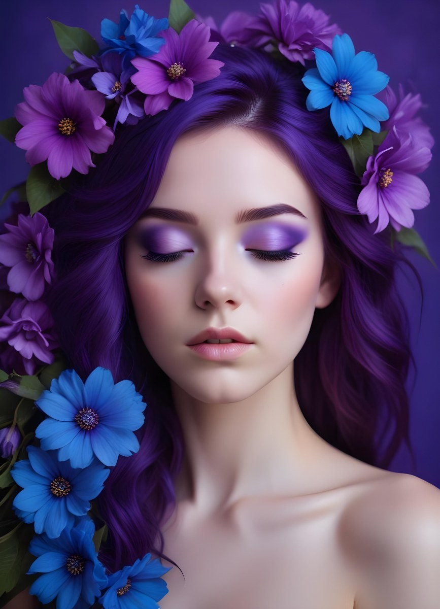 Minimal Soft Studio Light Photography Young Woman With Fair Skin And Purple Hair Wearing Vibrant Blue Eyeshadow And Purple Accents She Has Her Eyes Closed And A Large Blue Flower Partially Covering Her Face Surrounded 36 A4f5