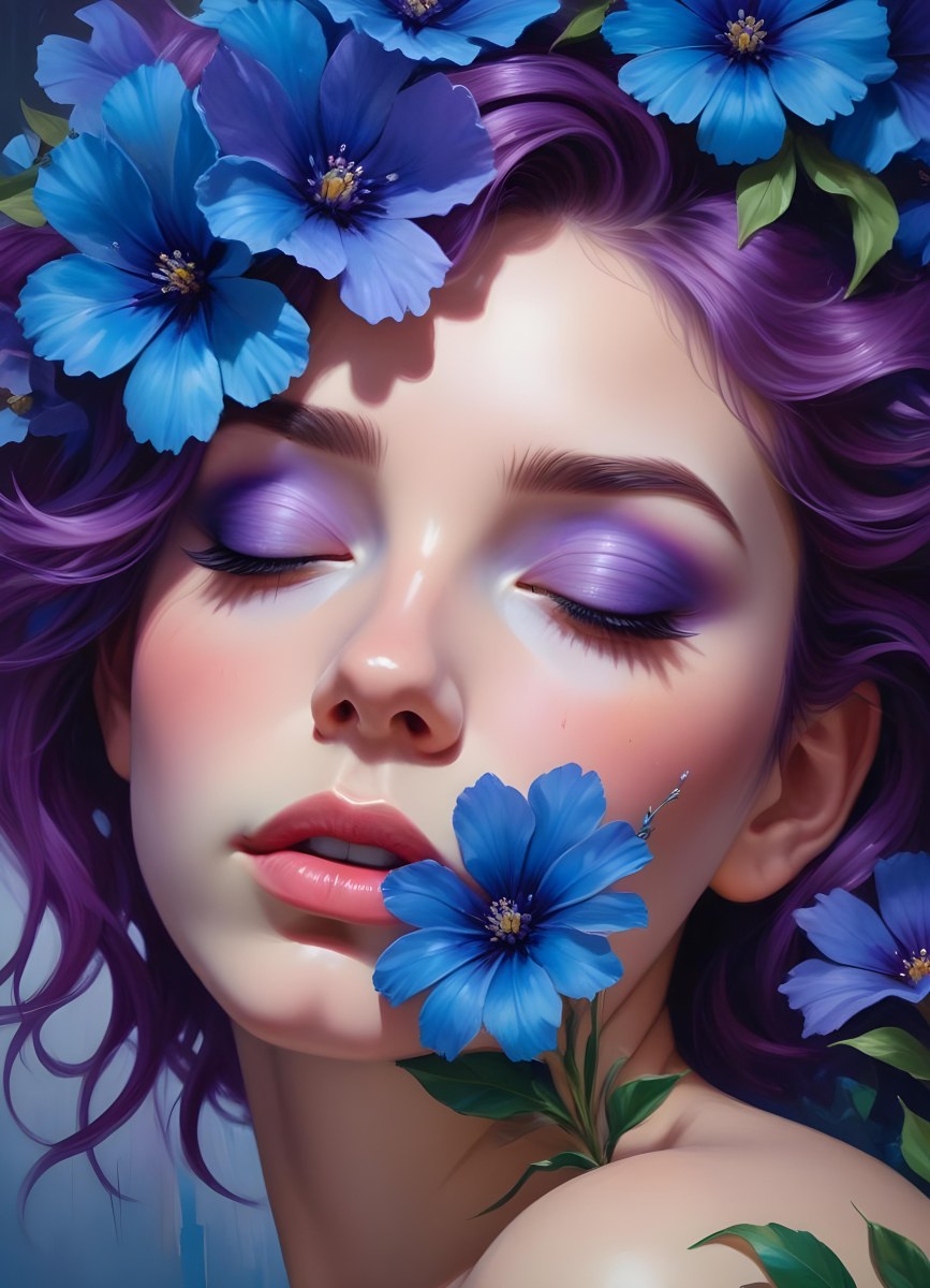 Minimal Soft Studio Light Photography Young Woman With Fair Skin And Purple Hair Wearing Vibrant Blue Eyeshadow And Purple Accents She Has Her Eyes Closed And A Large Blue Flower Partially Covering Her Face Surrounded 4 135b