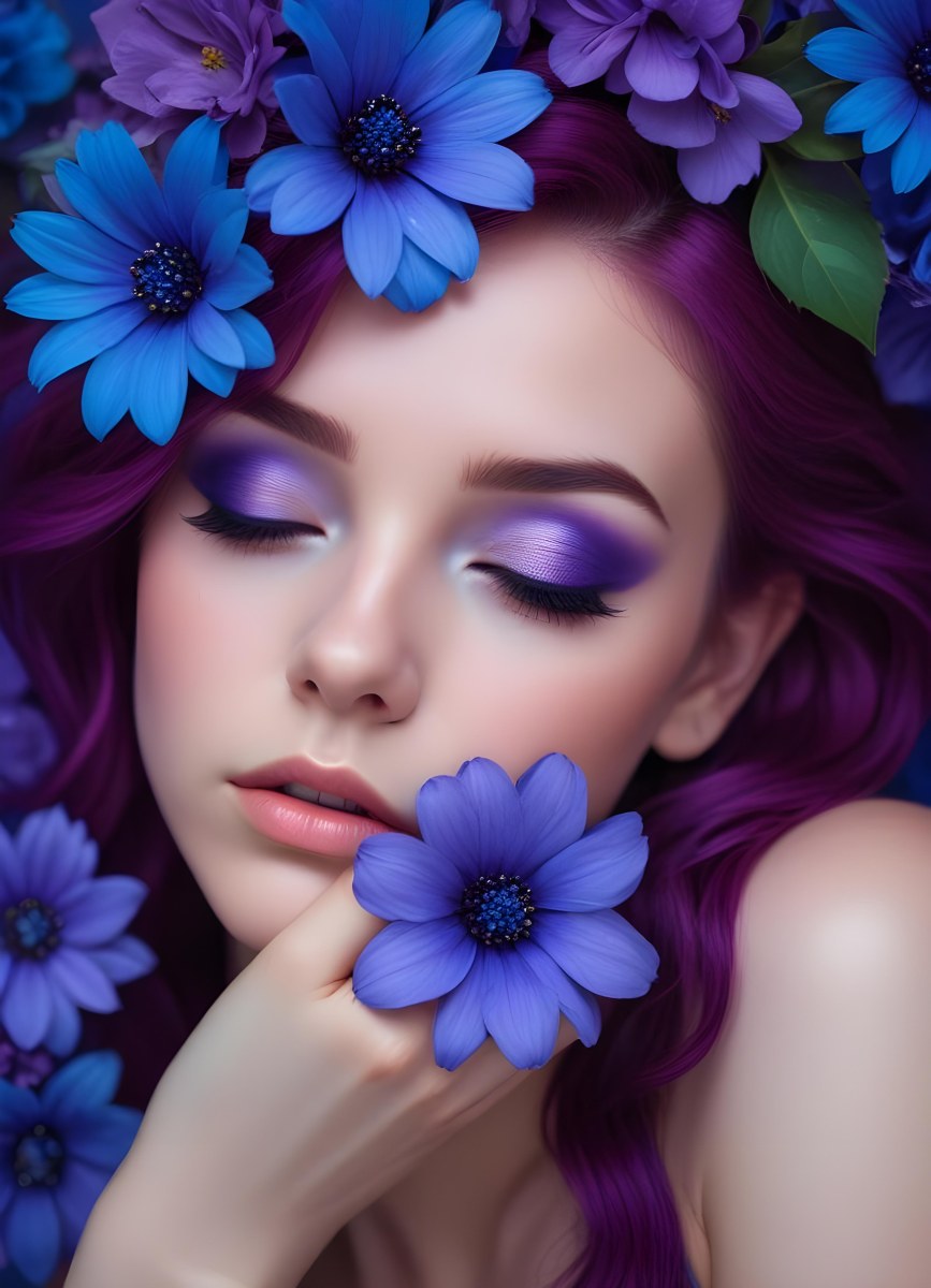 Minimal Soft Studio Light Photography Young Woman With Fair Skin And Purple Hair Wearing Vibrant Blue Eyeshadow And Purple Accents She Has Her Eyes Closed And A Large Blue Flower Partially Covering Her Face Surrounded 40 10d8