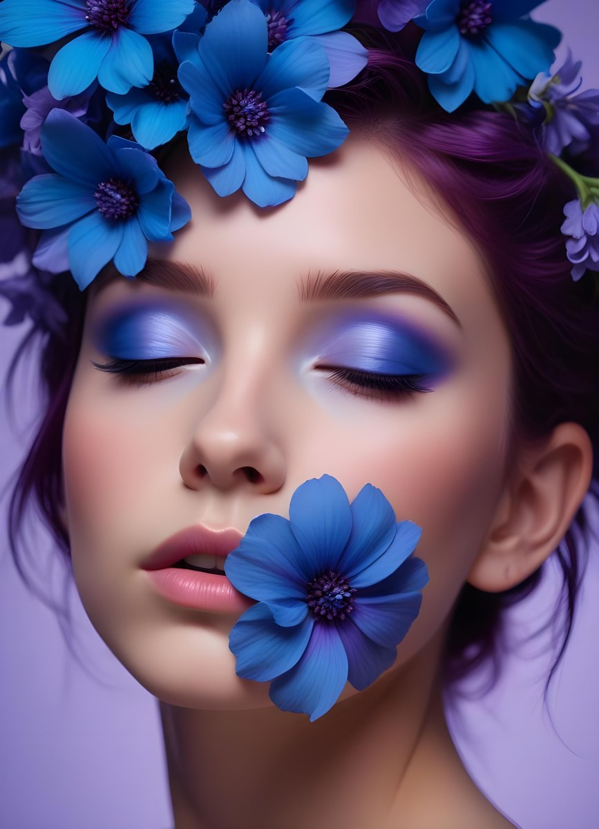 Minimal Soft Studio Light Photography Young Woman With Fair Skin And Purple Hair Wearing Vibrant Blue Eyeshadow And Purple Accents She Has Her Eyes Closed And A Large Blue Flower Partially Covering Her Face Surrounded 43 2882