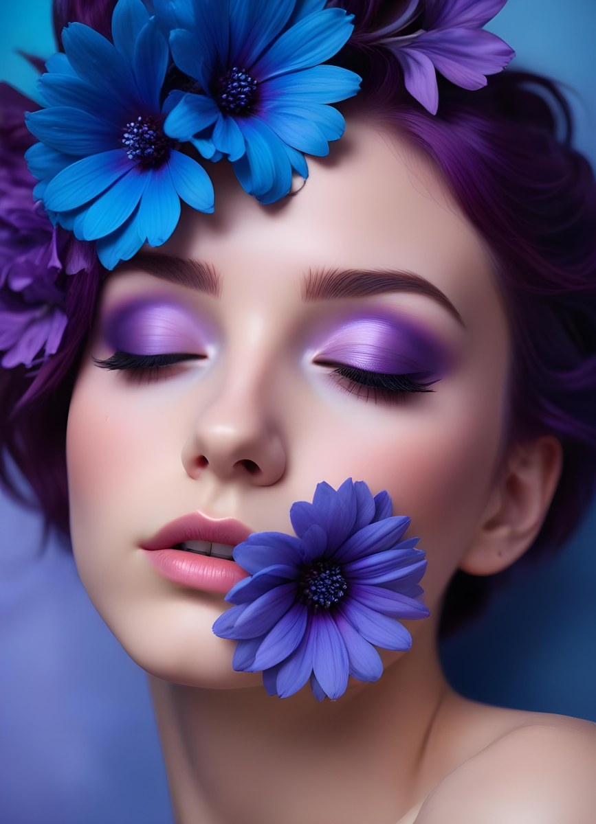 Minimal Soft Studio Light Photography Young Woman With Fair Skin And Purple Hair Wearing Vibrant Blue Eyeshadow And Purple Accents She Has Her Eyes Closed And A Large Blue Flower Partially Covering Her Face Surrounded 44 Db89