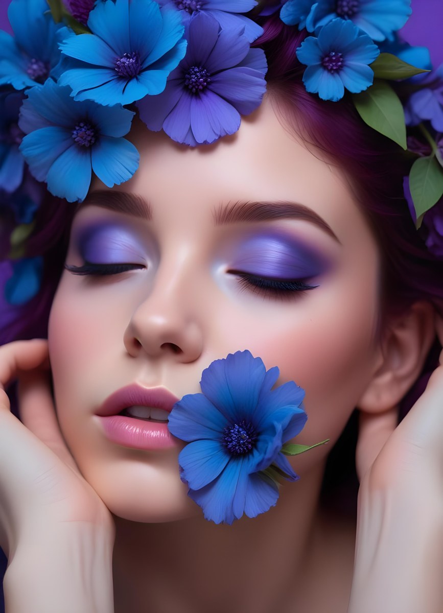 Minimal Soft Studio Light Photography Young Woman With Fair Skin And Purple Hair Wearing Vibrant Blue Eyeshadow And Purple Accents She Has Her Eyes Closed And A Large Blue Flower Partially Covering Her Face Surrounded 45 D549