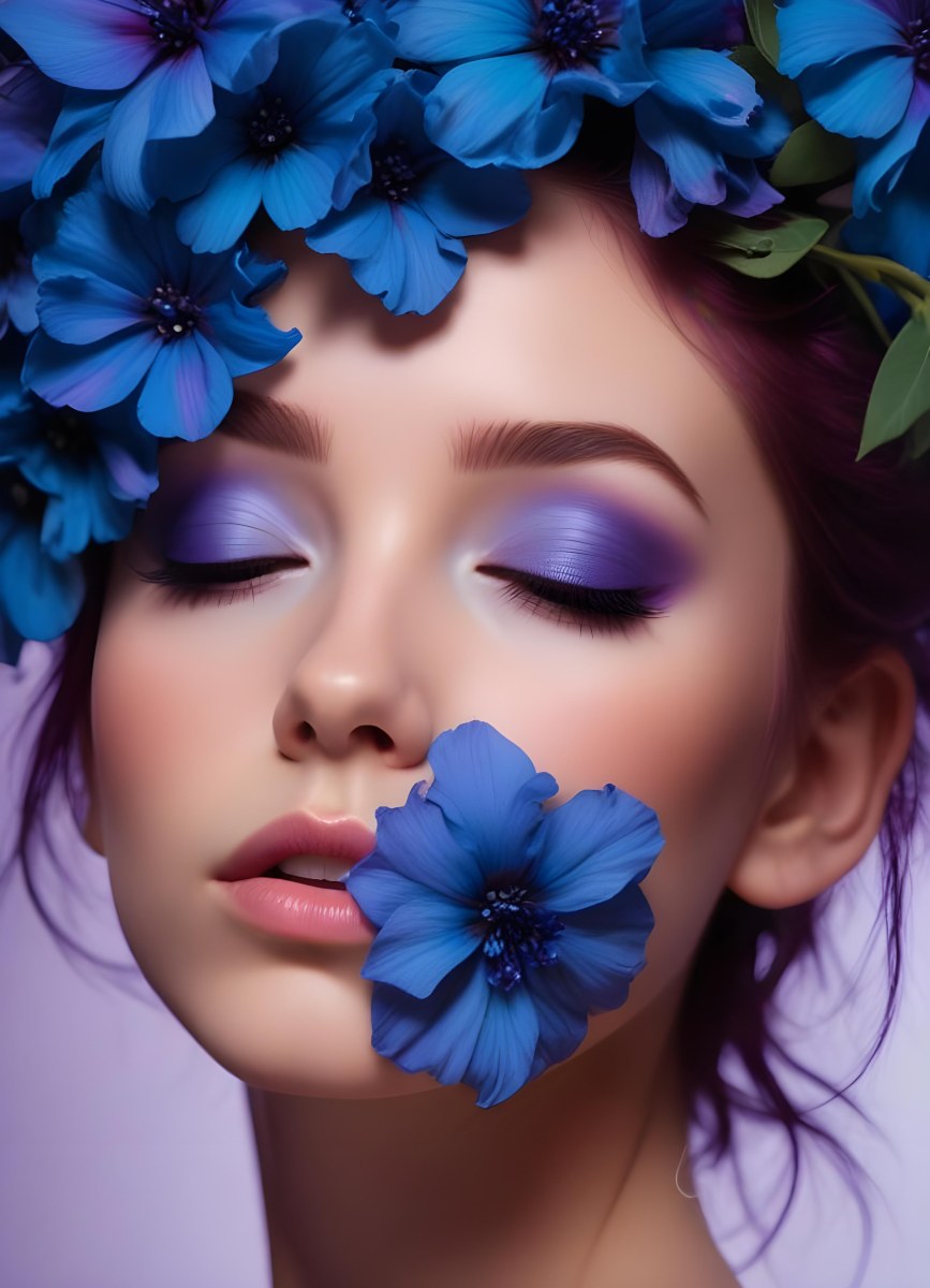 Minimal Soft Studio Light Photography Young Woman With Fair Skin And Purple Hair Wearing Vibrant Blue Eyeshadow And Purple Accents She Has Her Eyes Closed And A Large Blue Flower Partially Covering Her Face Surrounded 46 6b2b