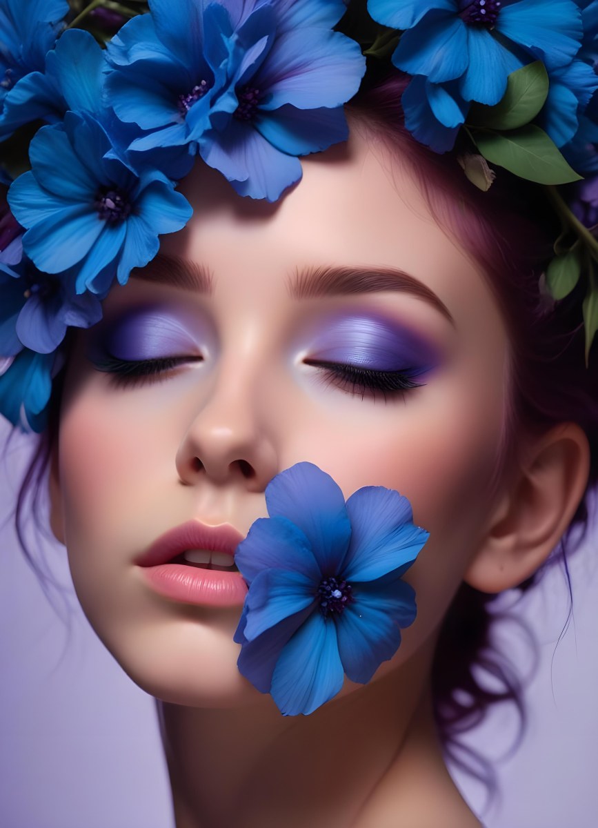 Minimal Soft Studio Light Photography Young Woman With Fair Skin And Purple Hair Wearing Vibrant Blue Eyeshadow And Purple Accents She Has Her Eyes Closed And A Large Blue Flower Partially Covering Her Face Surrounded 47 55f1