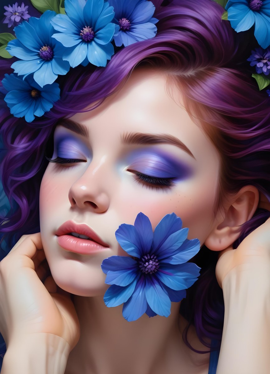 Minimal Soft Studio Light Photography Young Woman With Fair Skin And Purple Hair Wearing Vibrant Blue Eyeshadow And Purple Accents She Has Her Eyes Closed And A Large Blue Flower Partially Covering Her Face Surrounded 6 3187