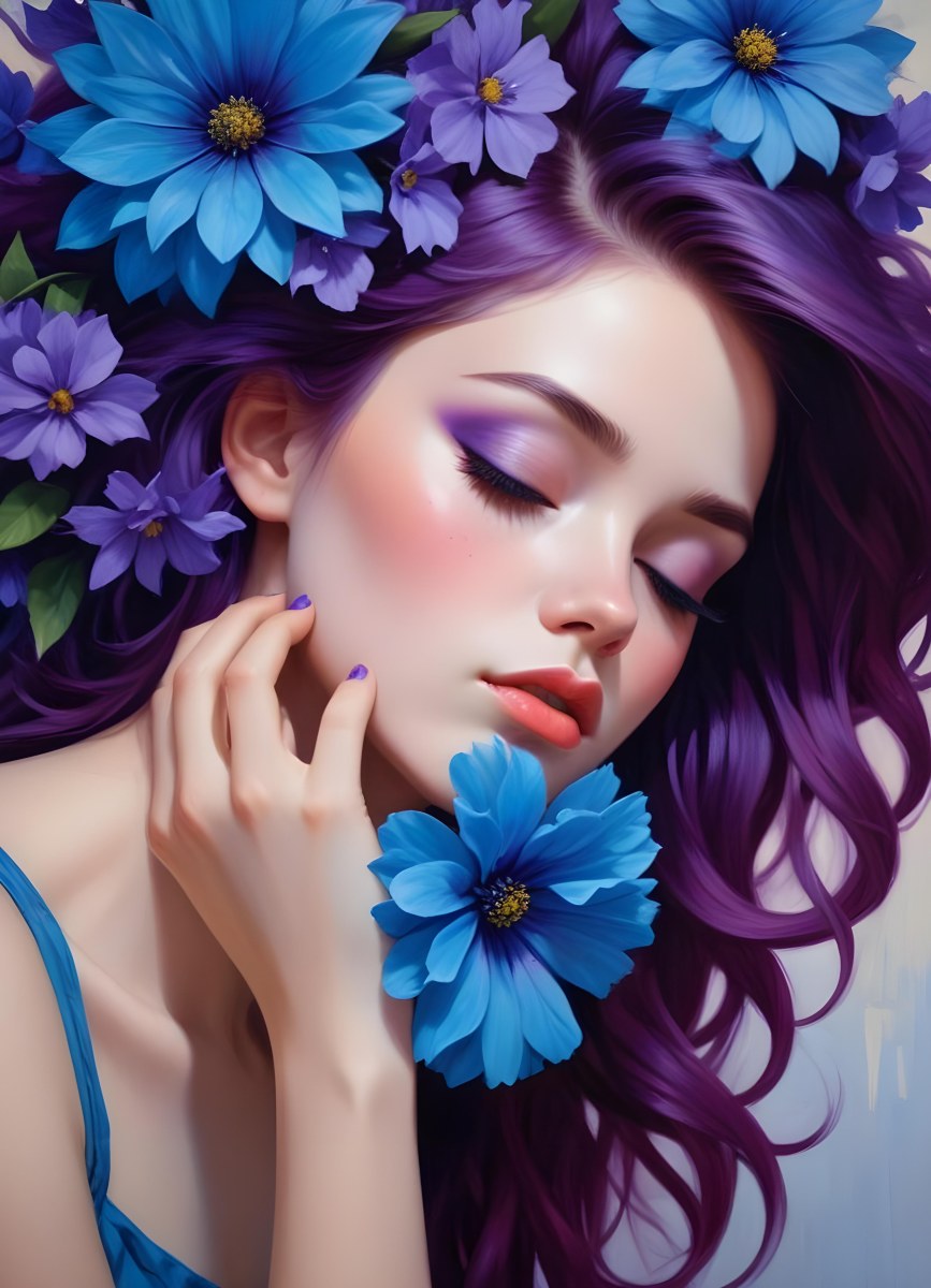 Minimal Soft Studio Light Photography Young Woman With Fair Skin And Purple Hair Wearing Vibrant Blue Eyeshadow And Purple Accents She Has Her Eyes Closed And A Large Blue Flower Partially Covering Her Face Surrounded 7 54ae
