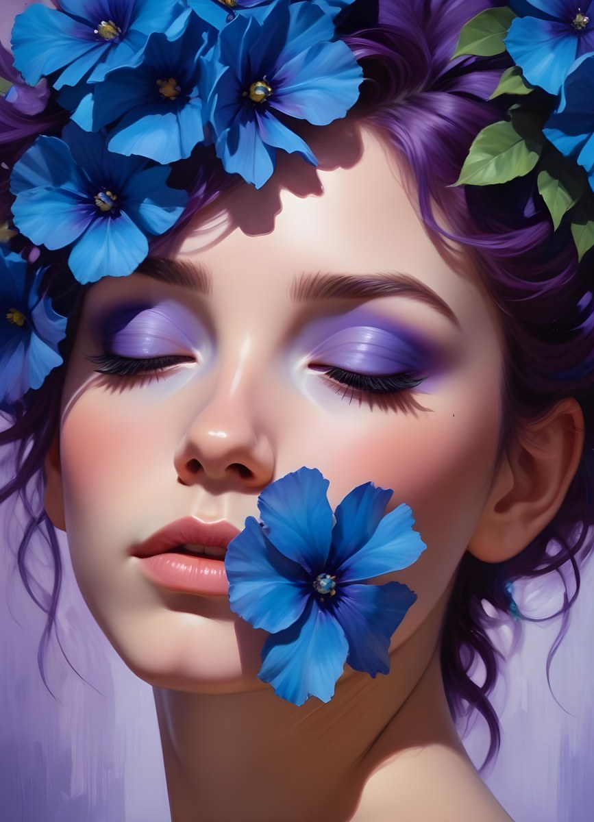 Minimal Soft Studio Light Photography Young Woman With Fair Skin And Purple Hair Wearing Vibrant Blue Eyeshadow And Purple Accents She Has Her Eyes Closed And A Large Blue Flower Partially Covering Her Face Surrounded 8 A263