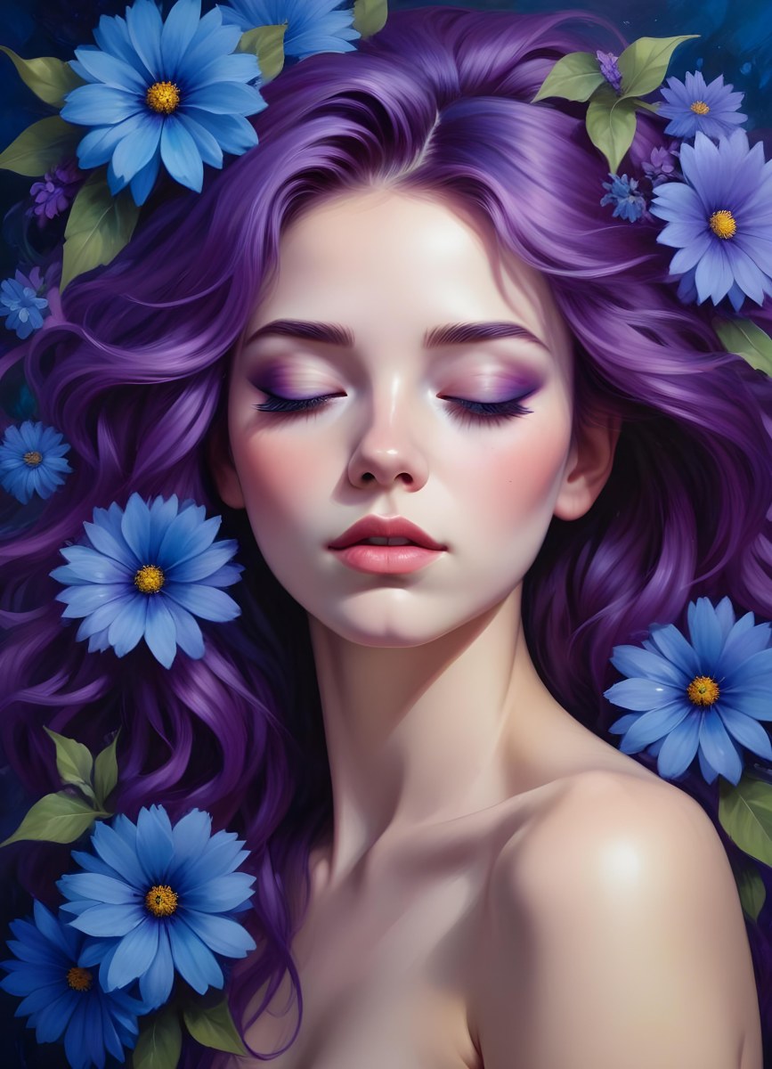 Minimal Soft Studio Light Photography Young Woman With Fair Skin And Purple Hair Wearing Vibrant Blue Eyeshadow And Purple Accents She Has Her Eyes Closed And A Large Blue Flower Partially Covering Her Face Surrounded 9 A64f