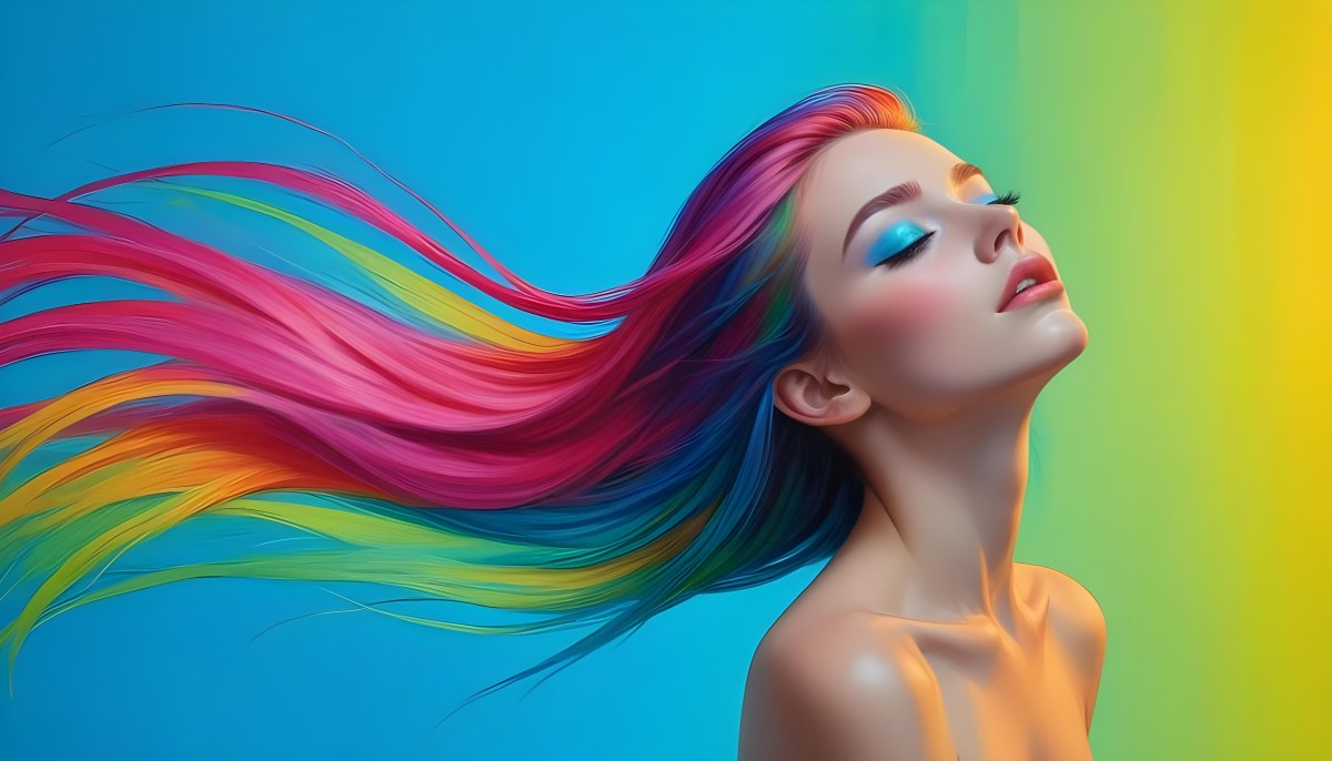 Oil Painting A Young Woman With Fair Skin And Long Vibrant Hair That Transitions Through Multiple Colors Including Pink Blue And Green She Has Green Eyes And Wears Bold Eye Makeup With Her Head Tilted Back And Eye 5 1455