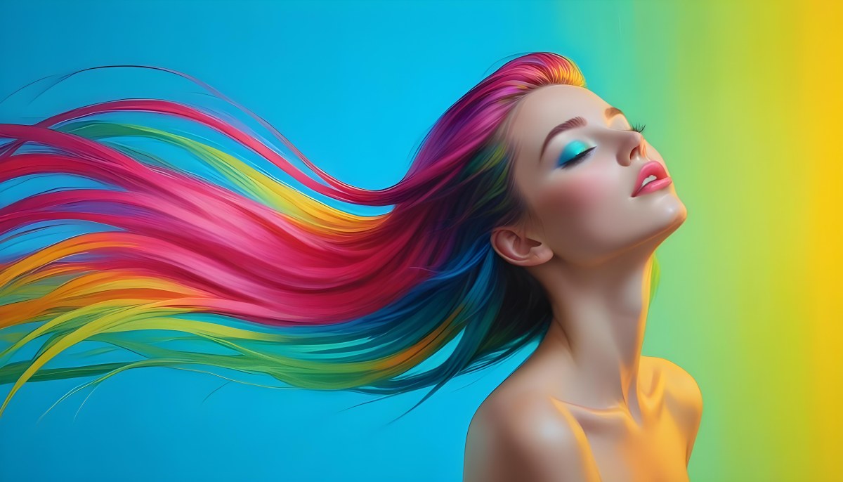 Oil Painting A Young Woman With Fair Skin And Long Vibrant Hair That Transitions Through Multiple Colors Including Pink Blue And Green She Has Green Eyes And Wears Bold Eye Makeup With Her Head Tilted Back And Eye 6 927c