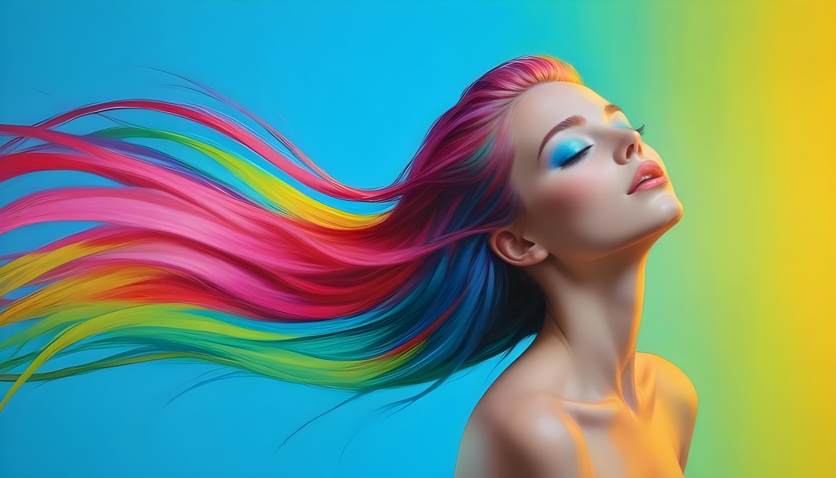 Oil Painting A Young Woman With Fair Skin And Long Vibrant Hair That Transitions Through Multiple Colors Including Pink Blue And Green She Has Green Eyes And Wears Bold Eye Makeup With Her Head Tilted Back And Eye 7 E0ba